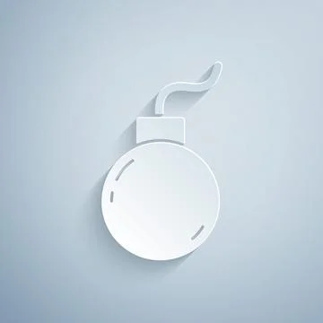Paper cut Bomb ready to explode icon isolated on grey background. Paper art 스톡 일러스트