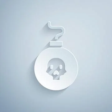 Paper cut Bomb ready to explode icon isolated on grey background. Paper art イラスト素材