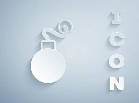 Paper cut Bomb ready to explode icon isolated on grey background. Paper art Stock Illustration