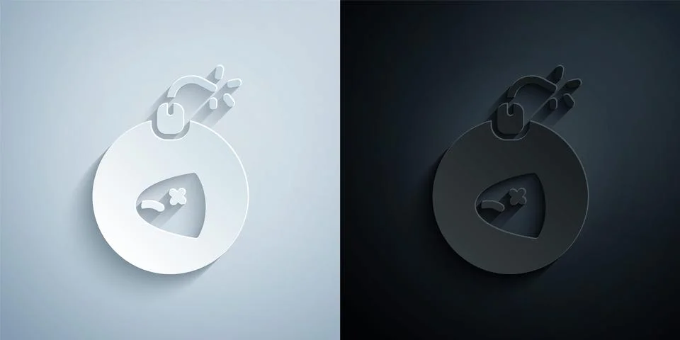 Paper cut Bomb ready to explode icon isolated on grey and black background. P Stock Illustration