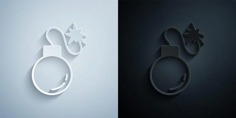 Paper cut Bomb ready to explode icon isolated on grey and black background イラスト素材