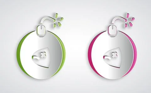 Paper cut Bomb ready to explode icon isolated on grey background. Paper art 库存插图