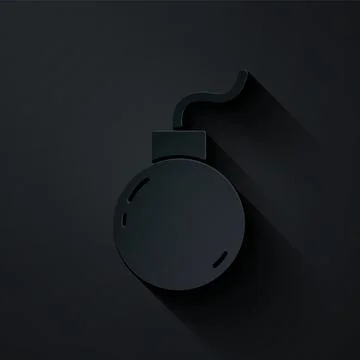 Paper cut Bomb ready to explode icon isolated on black background. Paper art Stockillustratie