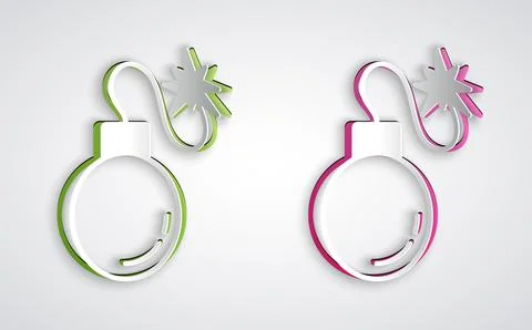 Paper cut Bomb ready to explode icon isolated on grey background. Paper art s Illustrazione stock