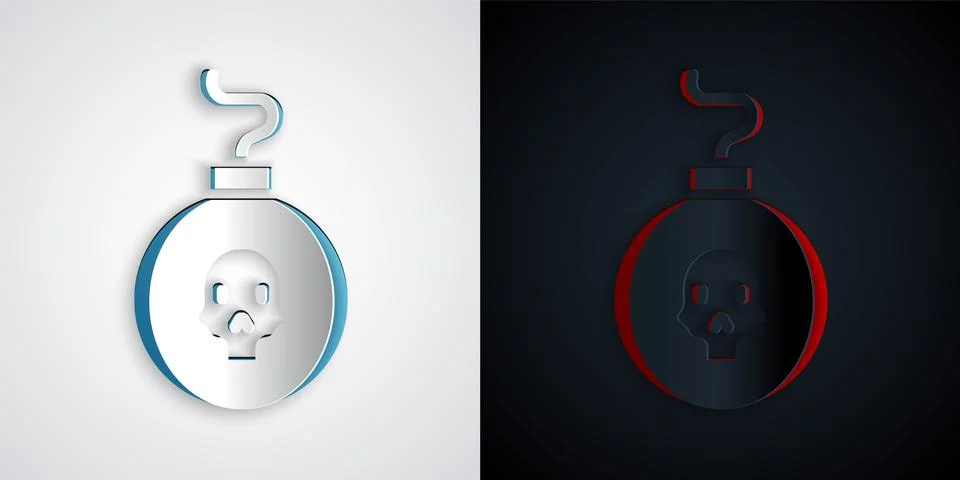 Paper cut Bomb ready to explode icon isolated on grey and black background... Illustrazione stock