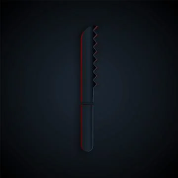 Paper cut Bread knife icon isolated on black background. Cutlery symbol. Paper Illustrazione stock