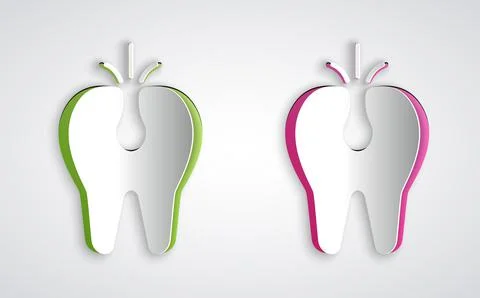 Paper cut Broken tooth icon isolated on grey background. Dental problem icon イラスト素材