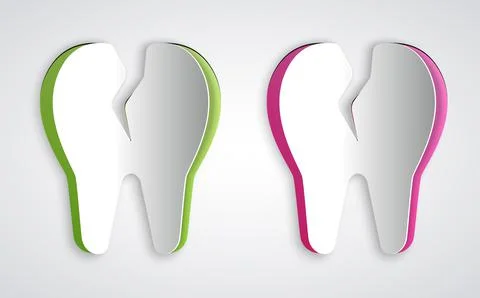 Paper cut Broken tooth icon isolated on grey background. Dental problem icon Stockillustratie