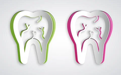 Paper cut Broken tooth icon isolated on grey background. Dental problem icon Stockillustratie