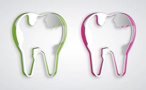 Paper cut Broken tooth icon isolated on grey background. Dental problem ico.. Stock Illustration