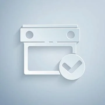 Paper cut Calendar with check mark icon isolated on grey background. Paper .. Illustrazione stock