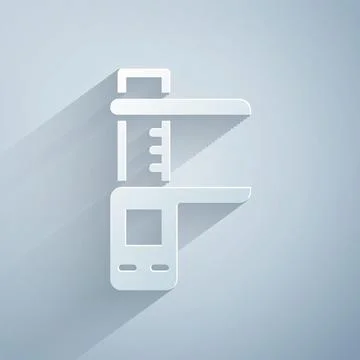 Paper cut Calliper or caliper and scale icon isolated on grey background Stock Illustration