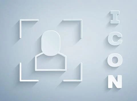 Paper cut Camera focus frame line icon isolated on grey background. Paper art Stock Illustration