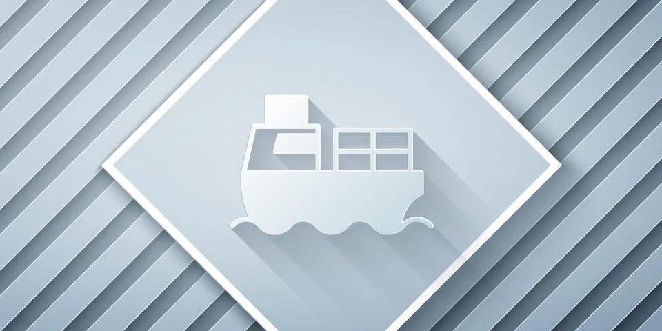 Paper cut Cargo ship with boxes delivery service icon isolated on grey 스톡 일러스트