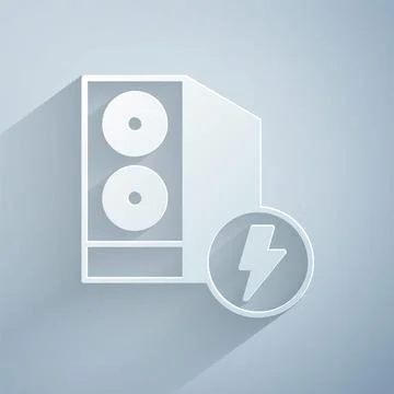 Paper cut Case of computer icon isolated on grey background. Computer server Illustrazione stock