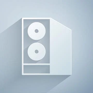 Paper cut Case of computer icon isolated on grey background. Computer server Illustrazione stock