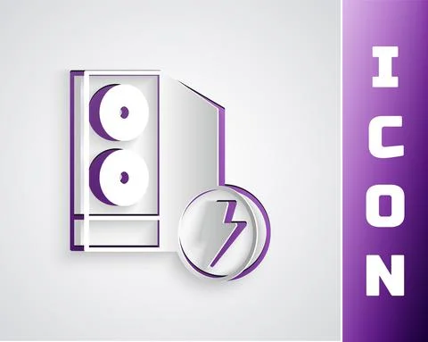 Paper cut Case of computer icon isolated on grey background. Computer server Stock Illustration