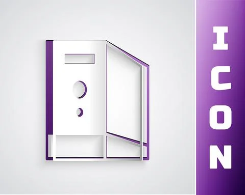Paper cut Case of computer icon isolated on grey background. Computer server Illustrazione stock