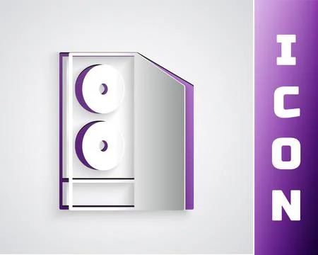 Paper cut Case of computer icon isolated on grey background. Computer serve.. Illustrazione stock