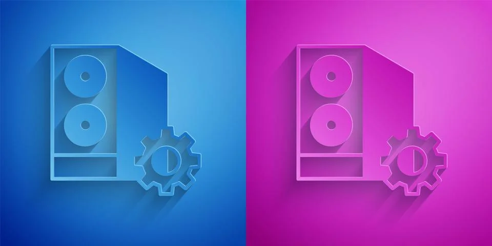 Paper cut Case of computer setting icon isolated on blue and purple background 스톡 일러스트