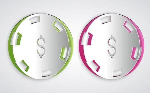Paper cut Casino chip with dollar symbol icon isolated on grey background. .. Illustrazione stock
