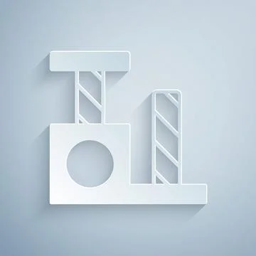 Paper cut Cat scratching post with toy icon isolated on grey background. Paper Stock Illustration