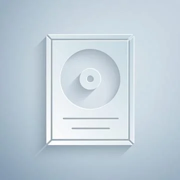 Paper cut CD disk award in frame icon isolated on grey background. Modern cer 스톡 일러스트