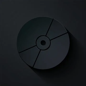 Paper cut CD or DVD disk icon isolated on black background. Compact disc sign Illustrazione stock