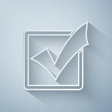 Paper cut Check mark in a box line icon isolated on grey background. Tick symbol 스톡 일러스트