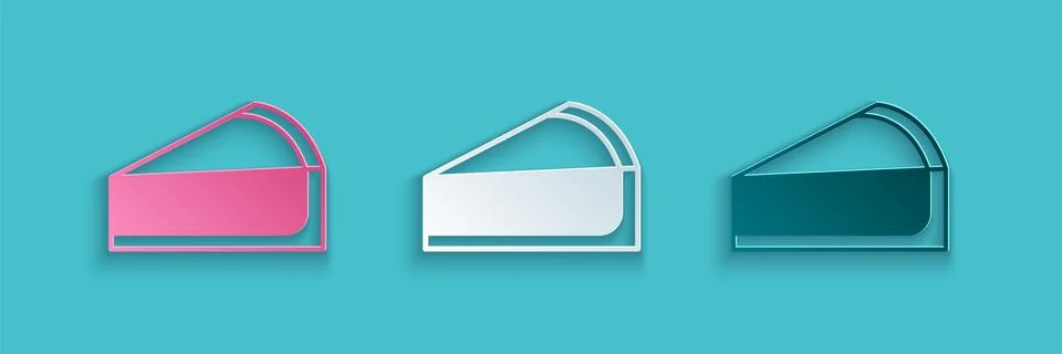 Paper cut Cherry cheesecake slice with fruit topping icon isolated on blue Illustrazione stock
