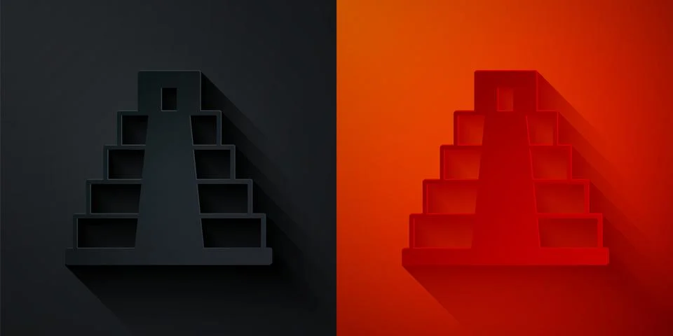 Paper cut Chichen Itza in Mayan icon isolated on black and red background Ilustración de archivo