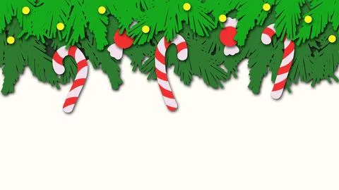 Paper cut Christmas border with candy canes and pine branches on white Stock Illustration