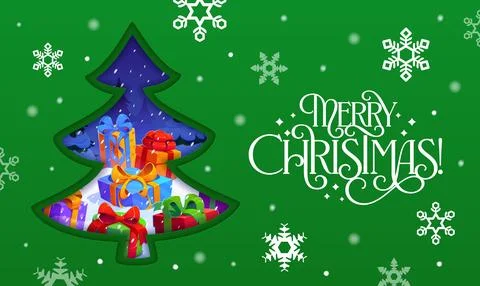Paper cut Christmas pine tree shape with gifts Stock Illustration