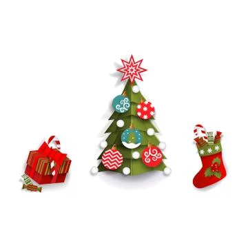 Paper cut Christmas tree, stocking and present box Stock Illustration