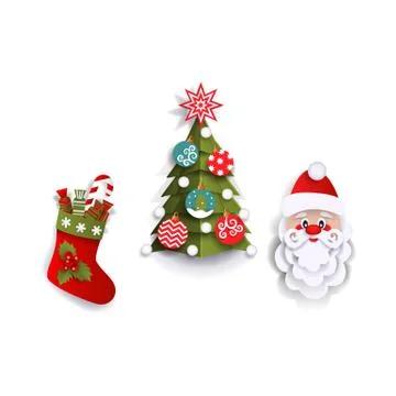 Paper cut Christmas tree, stocking and Santa Claus Stockillustratie