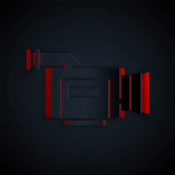 Paper cut Cinema camera icon isolated on black background. Video camera. Movie Stock Illustration