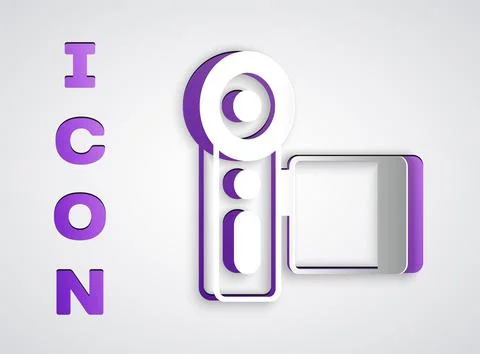 Paper cut Cinema camera icon isolated on grey background. Video camera. Movie Illustrazione stock