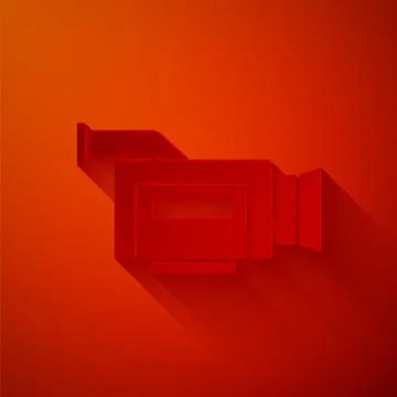 Paper cut Cinema camera icon isolated on red background. Video camera. Movie  Stock Illustration