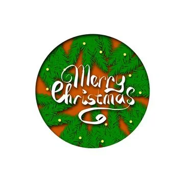 Paper cut circular badge with Merry Christmas calligraphy and pine branches Stock Illustration