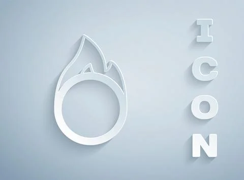 Paper cut Circus fire hoop icon isolated on grey background. Ring of fire flame Stock Illustration