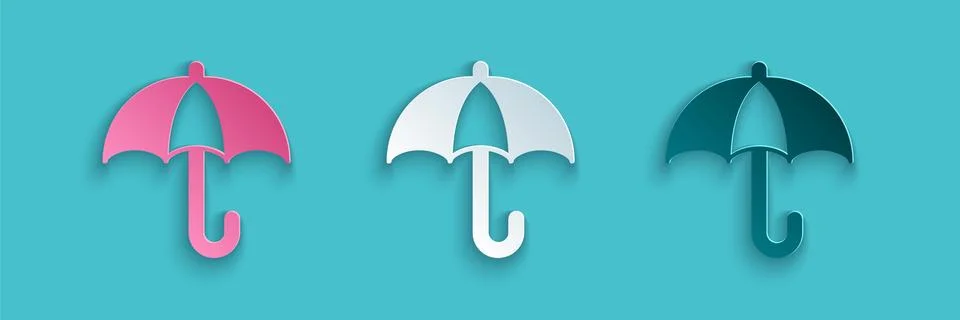 Paper cut Classic elegant opened umbrella icon isolated on blue background. Rain Illustrazione stock