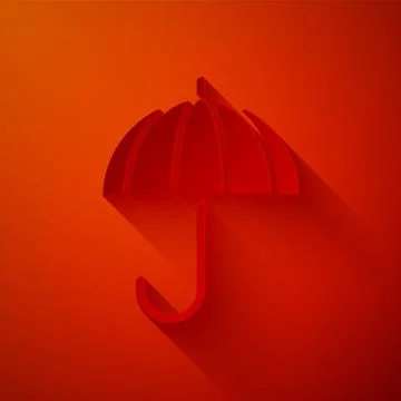 Paper cut Classic elegant opened umbrella icon isolated on red background. Rain Stock Illustration