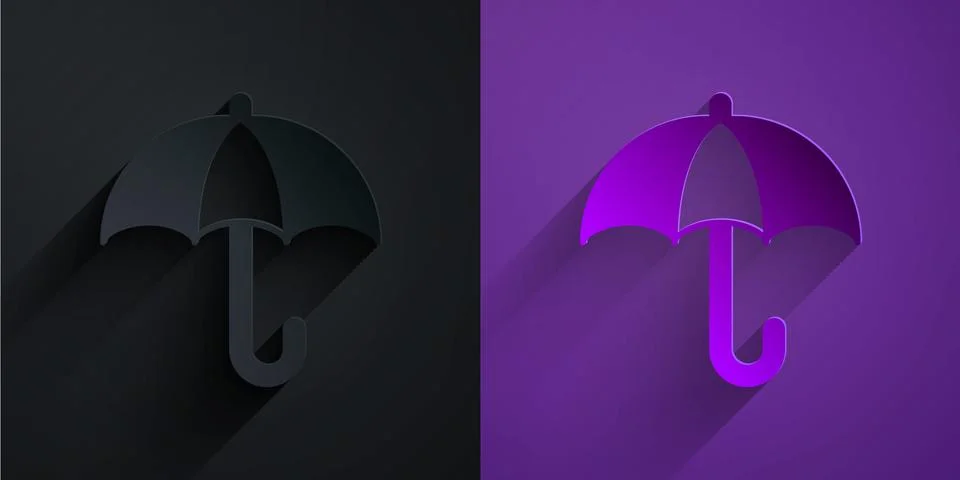 Paper cut Classic elegant opened umbrella icon isolated on black on purple Illustrazione stock