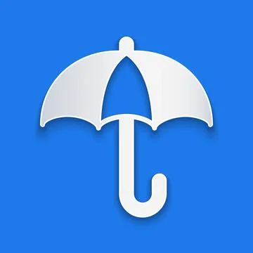 Paper cut Classic elegant opened umbrella icon isolated on blue background. Rain Stock Illustration