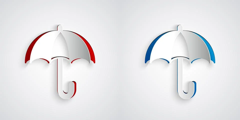 Paper cut Classic elegant opened umbrella icon isolated on grey background. Rain Illustrazione stock