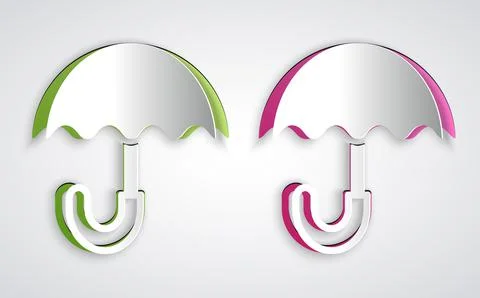 Paper cut Classic elegant opened umbrella icon isolated on grey background. Rain Illustrazione stock