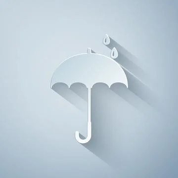 Paper cut Classic elegant opened umbrella icon isolated on grey background. Rain Illustrazione stock