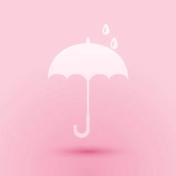 Paper cut Classic elegant opened umbrella icon isolated on pink background. Rain Stock Illustration