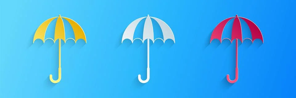 Paper cut Classic elegant opened umbrella icon isolated on blue background. Rain Illustrazione stock