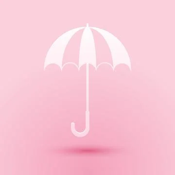 Paper cut Classic elegant opened umbrella icon isolated on pink background. Rain 库存插图